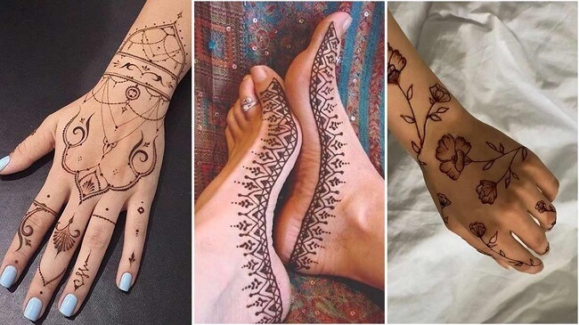 Boho-inspired palm mehndi design with feather, arrow, and floral elements.