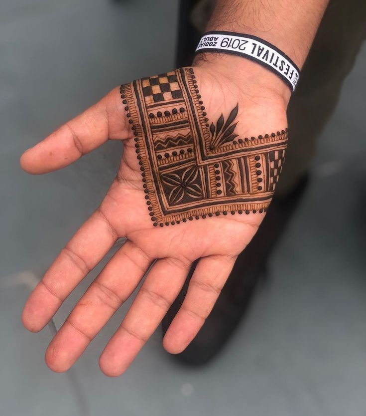 Simple geometric pattern mehndi design for men on the back of the hand.