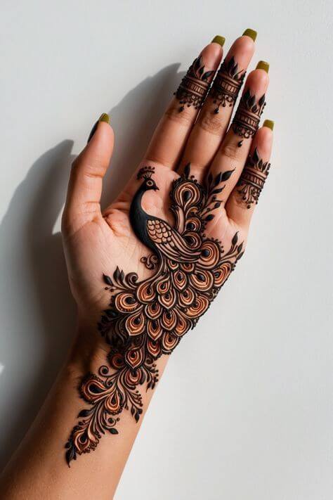 Beautiful peacock-inspired palm mehndi design with intricate feathers and elegant detailing.